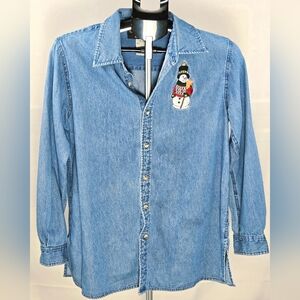 Vintage 90's Christopher Radko‎ Bellepointe Embroidered Snowman Denim, Small